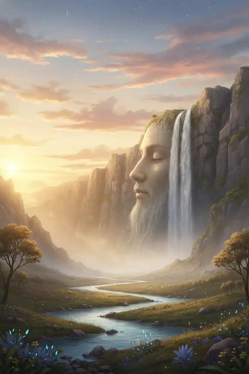 Cachoeira distante formando um sutil perfil humano ao pôr do sol