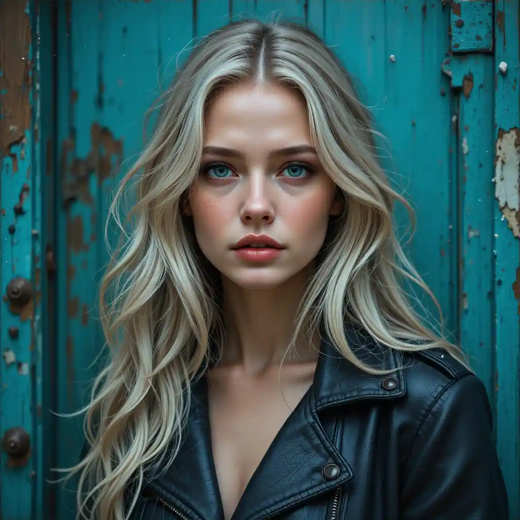 Melancholic young woman portrait against weathered turquoise door