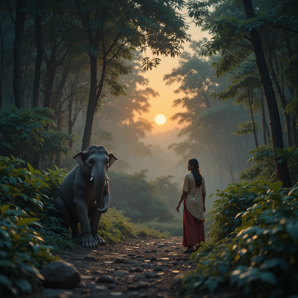Elefante in una giungla al tramonto con uomo e scimmia