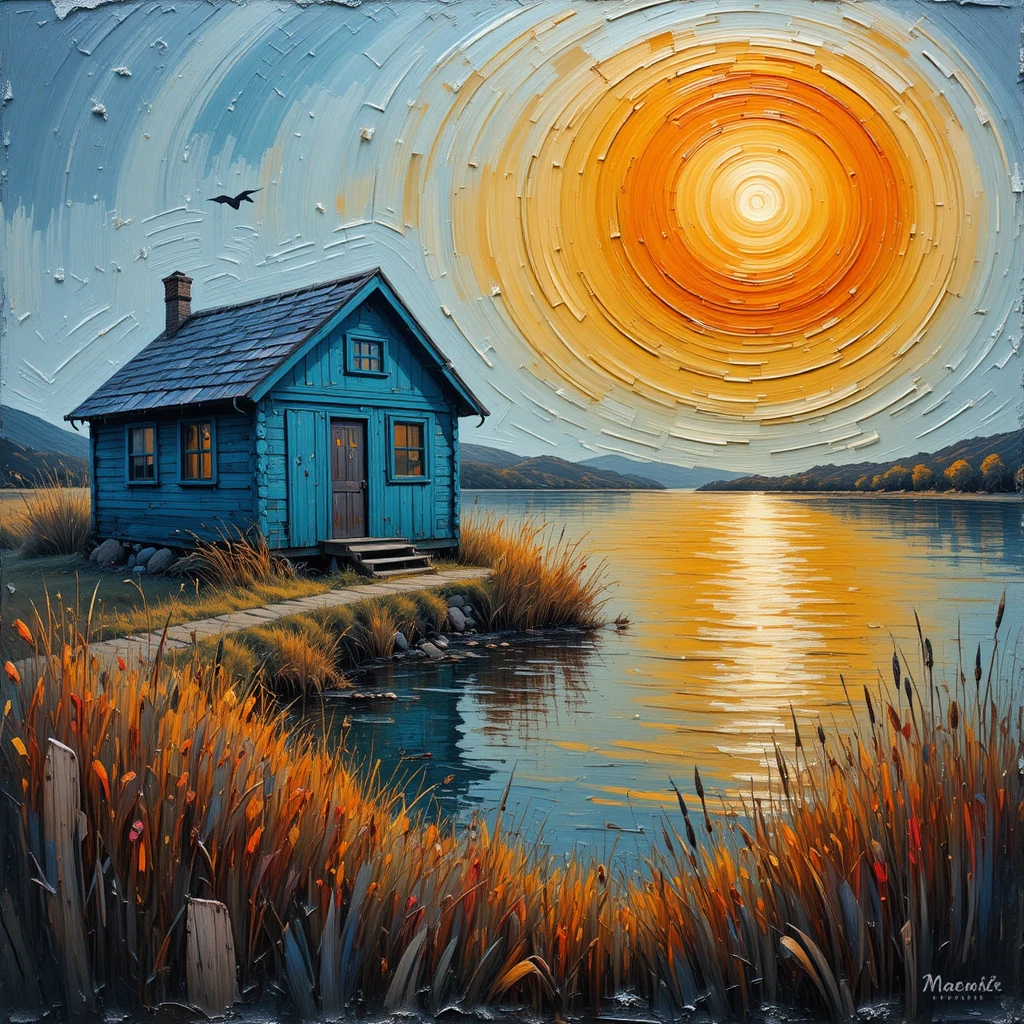 Cabane rustique au bord du lac en peinture à l’huile au coucher de soleil éclatant