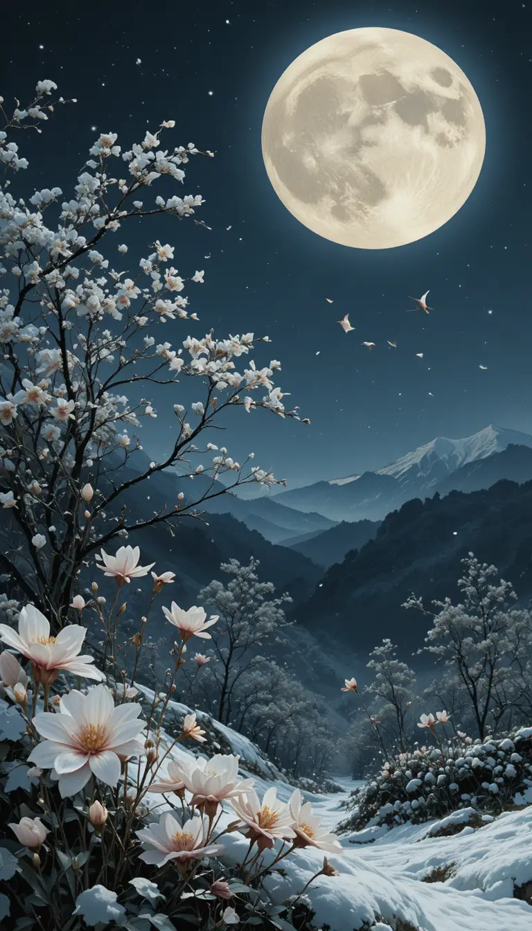 Stille Schneeblüten unter einem hellen winterlichen Vollmond