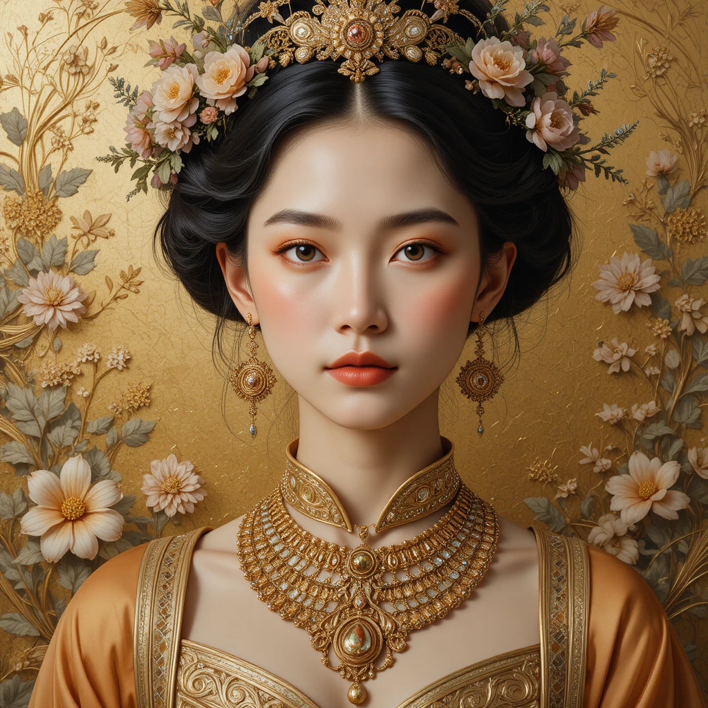 Retrato de noble dama con lujoso fondo floral dorado