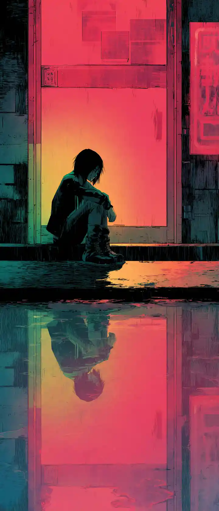 Solitary figure in a minimalist room lit by neon glow