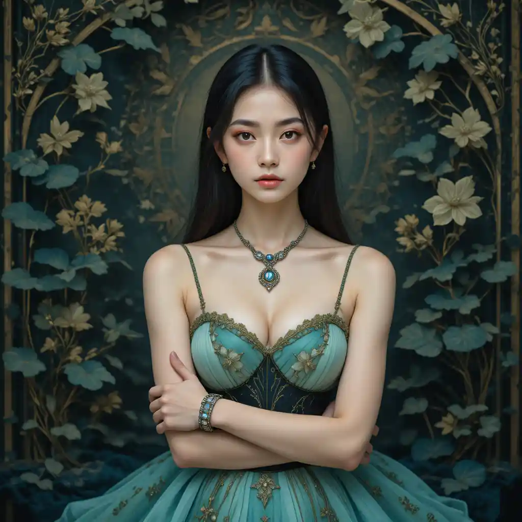 Young Asian woman in flowing green art nouveau gown