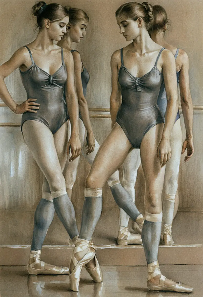 Three young ballerinas at the studio barre in soft light