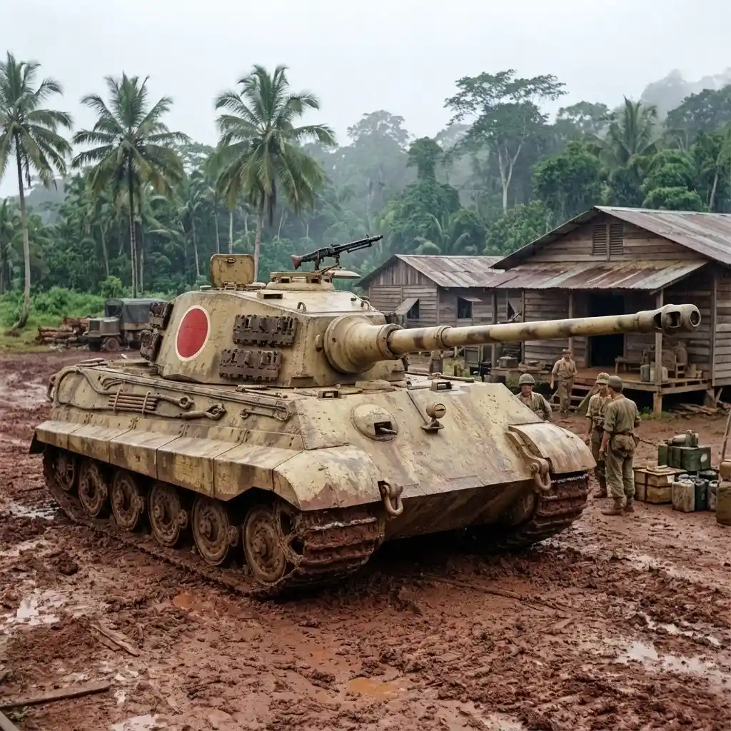 Char Tiger II sur l’aérodrome de Sepik pendant la Seconde Guerre mondiale