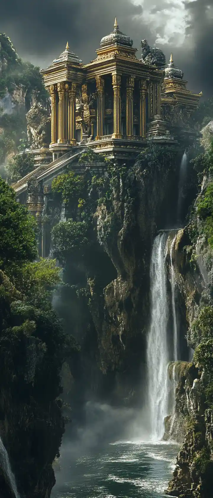 Clifftop Buddha temple above waterfall and stormy sea