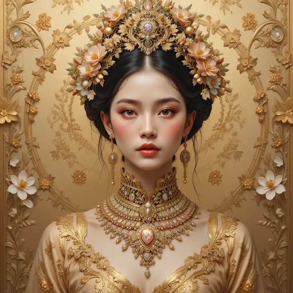 Regal noblewoman portrait with ornate golden floral jewelry
