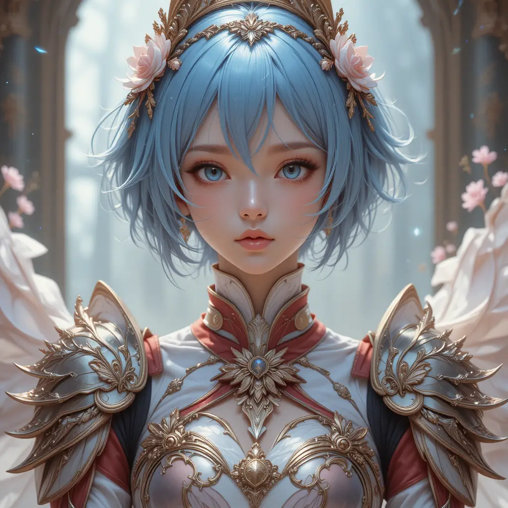 Elegant anime warrior girl in ornate floral armor