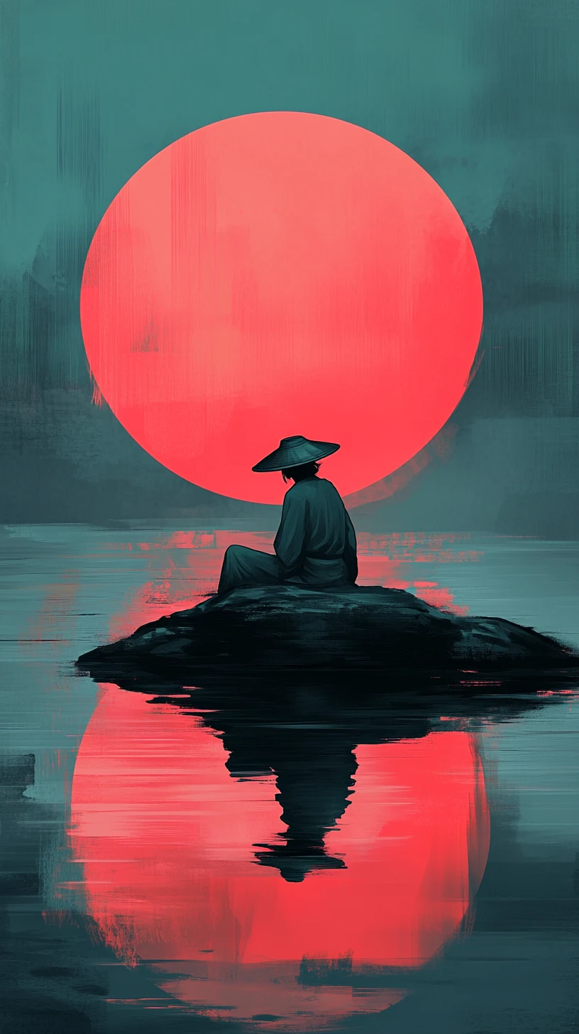 Solitary figure by a still pond before a blazing red sun