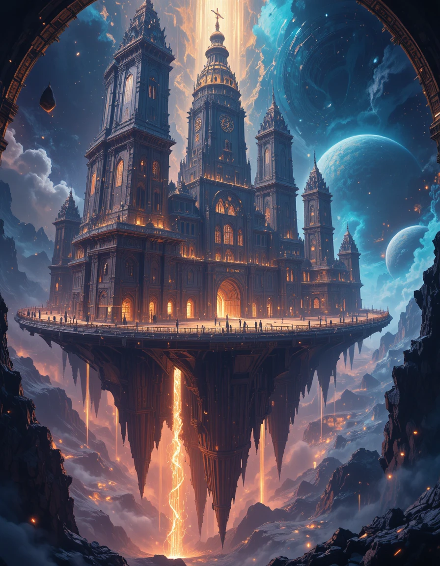 Floating magic academy with rings in deep outer space