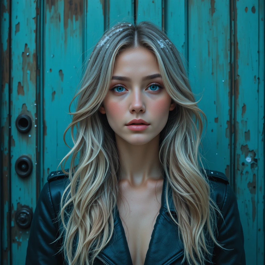 Melancholic young woman portrait before a teal old door