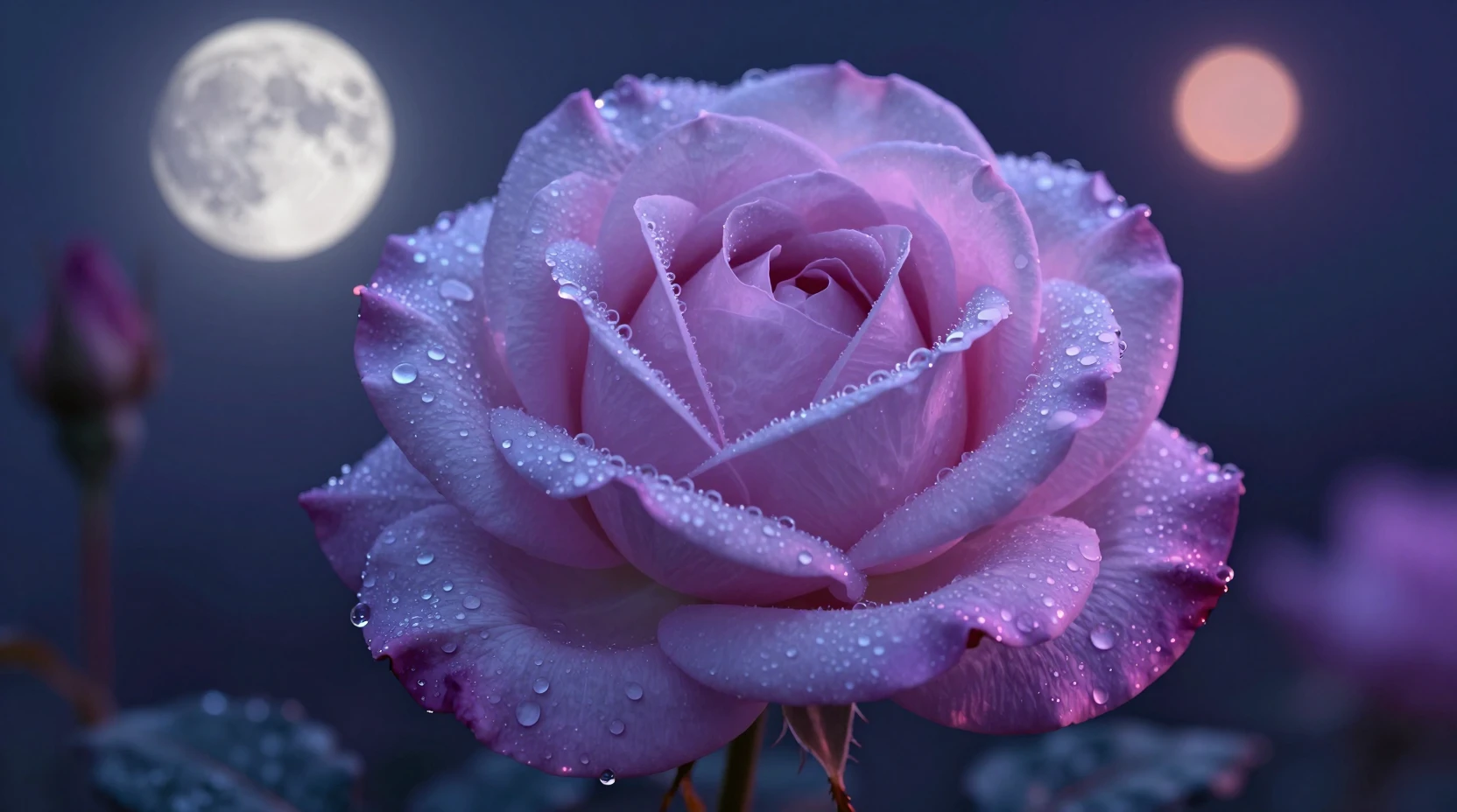 Moonlit purple rose glowing softly with morning dew