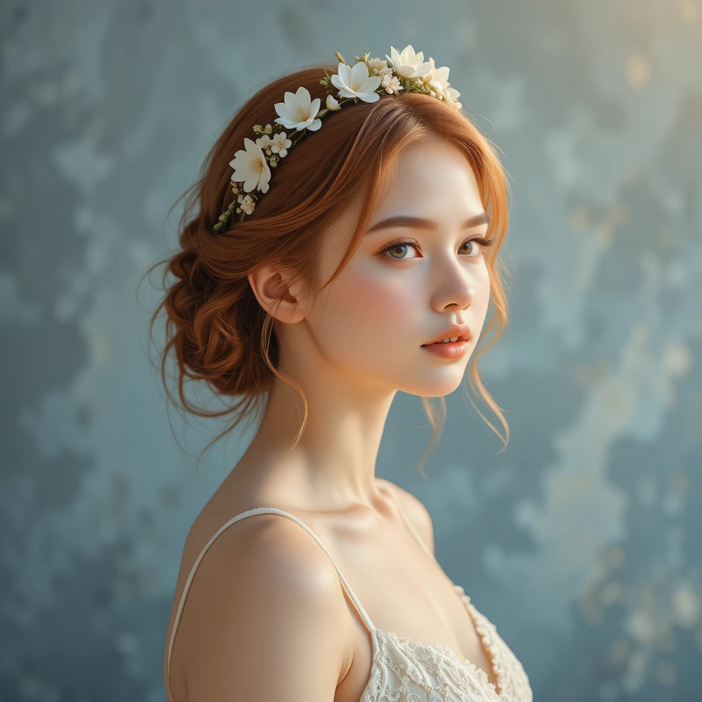 Dreamy portrait of a red haired girl in floral crown