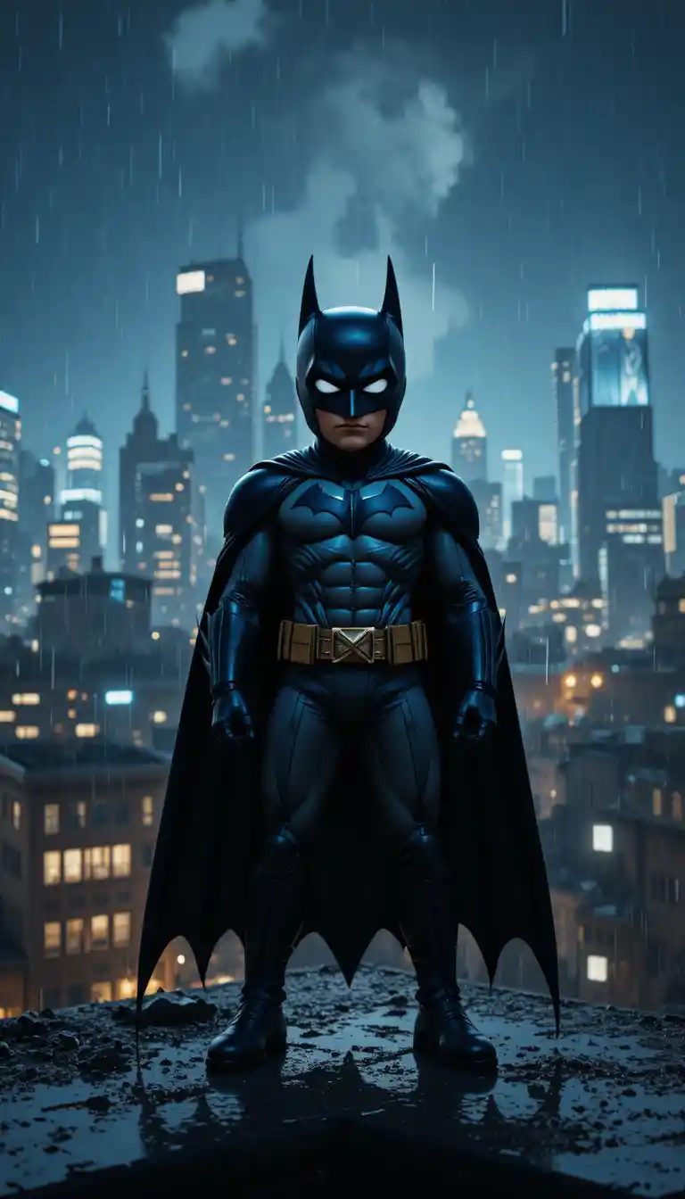 Cartoon superhero on rainy rooftop above cyberpunk city