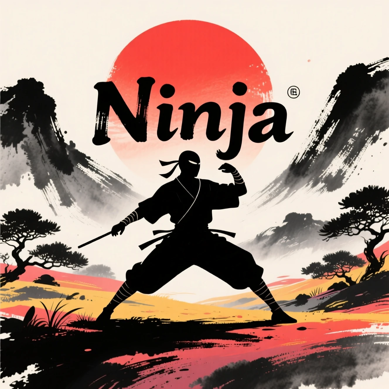 Minimalist ninja silhouette against crimson sun landscape