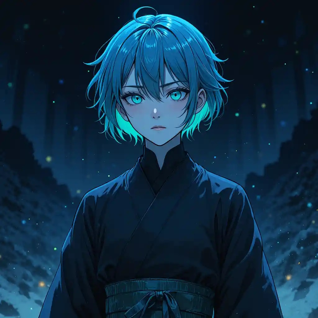 柔らかな夜空の下に立つ物憂げなアニメ少年