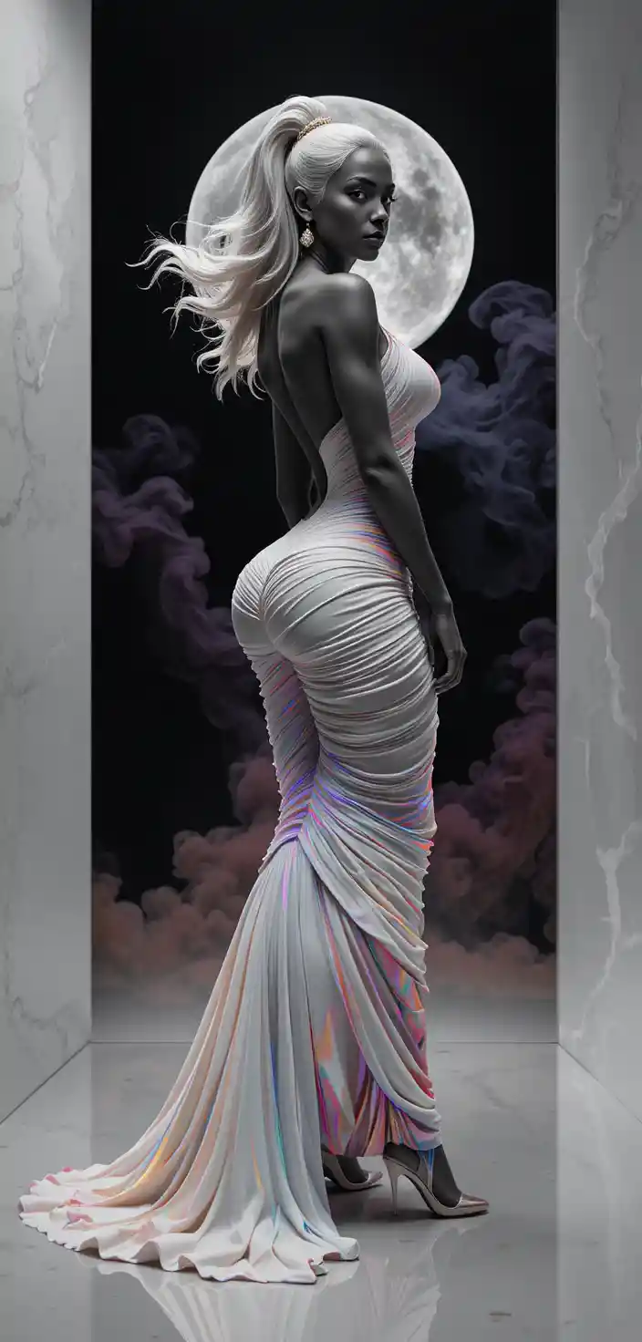 Grande mariée musclée en pose de mode néon sculpturale
