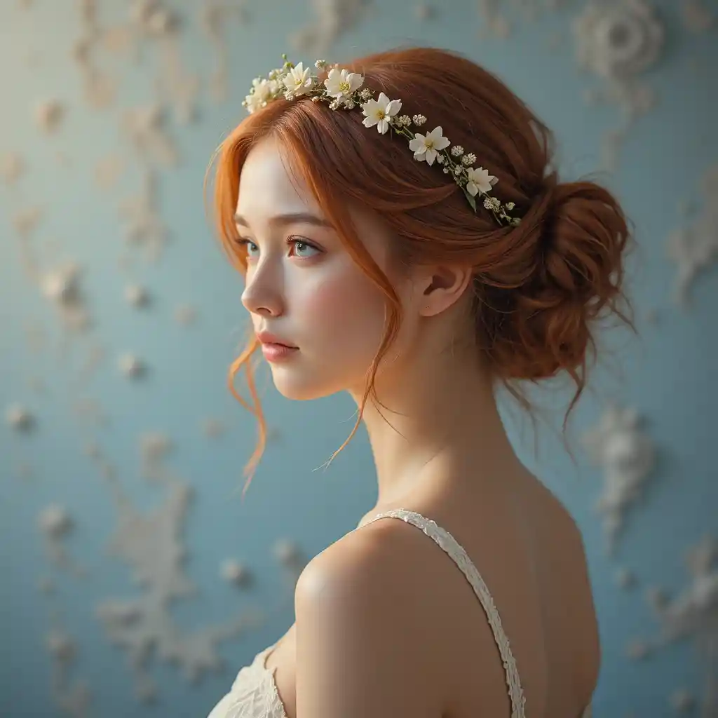 Dreamy portrait of a red haired girl with floral crown