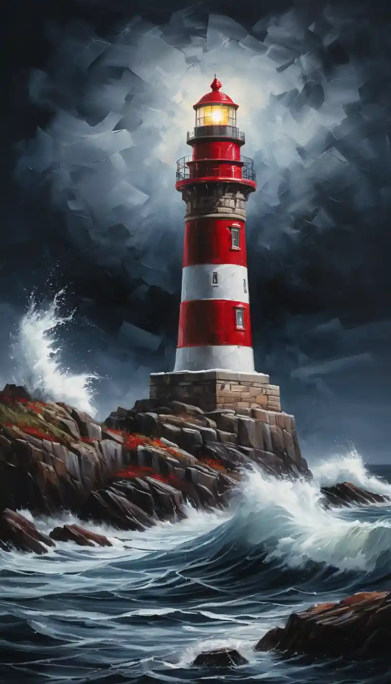 Faro rosso e bianco tra le onde di una tempestosa notte d’inverno