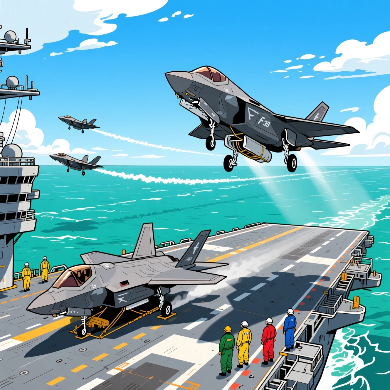 Caccia F-35 in azione sul ponte di una portaerei sopra un mare calmo