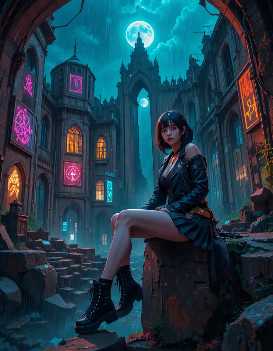 Cyberpunk anime girl in neon lit magical ruins