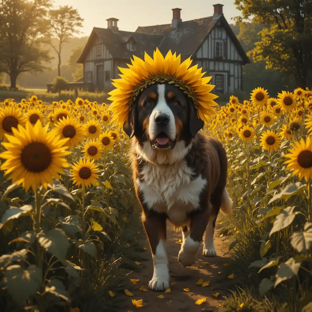 St. Bernard in sunflower hat wandering a rustic farm field
