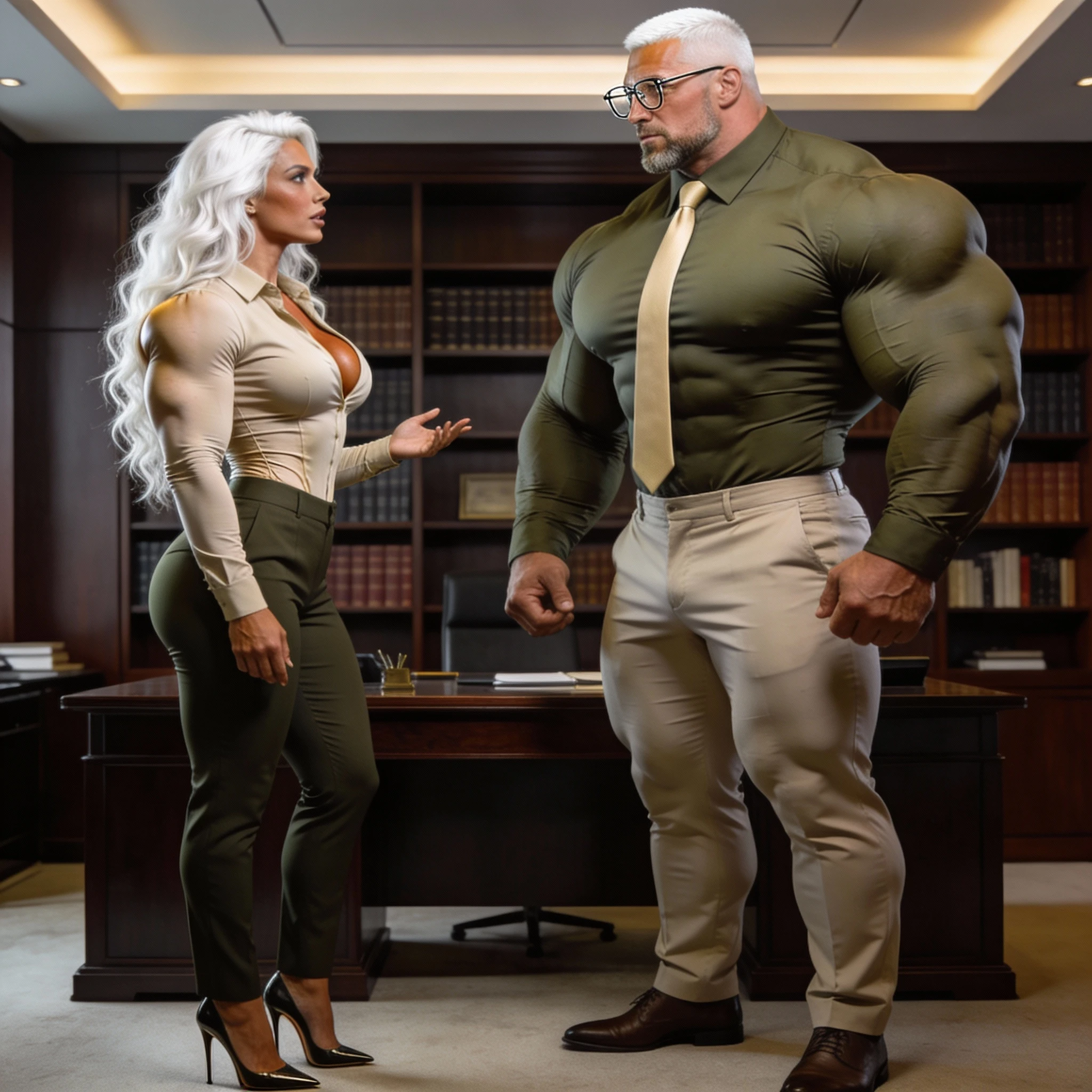 Muscular businesswoman in beige shirt in elegant office