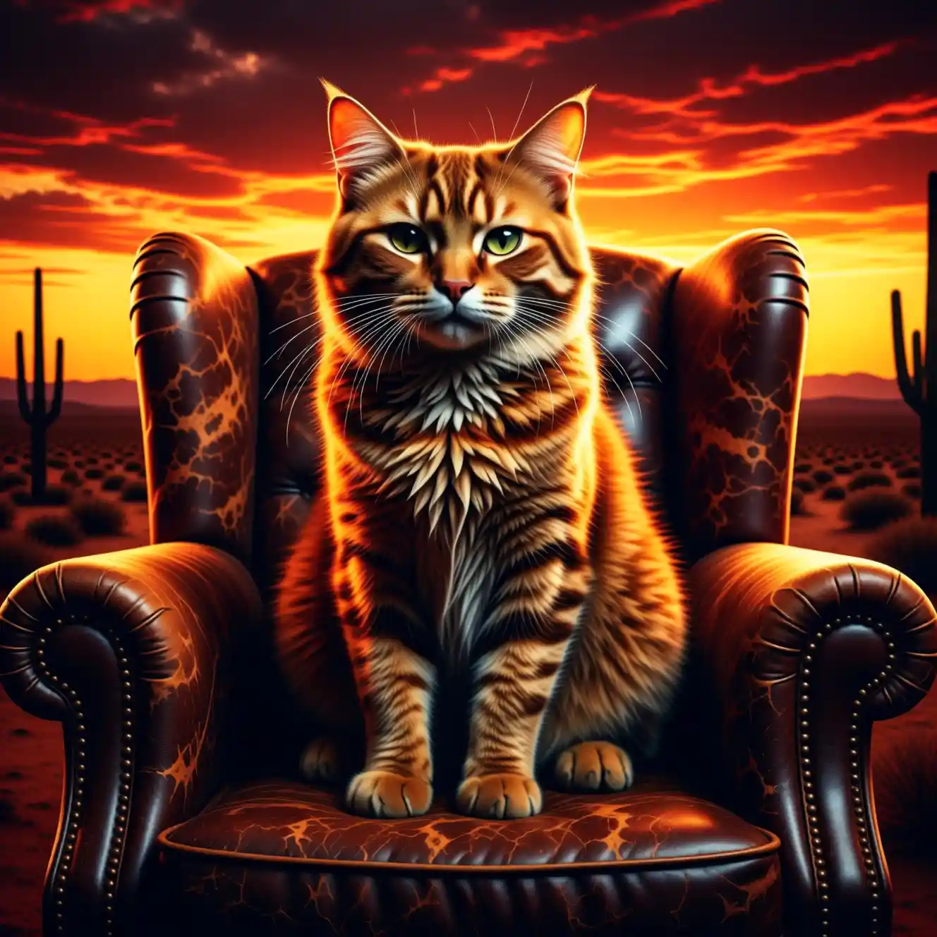 Armored orange cat in a leather chair at desert sunset