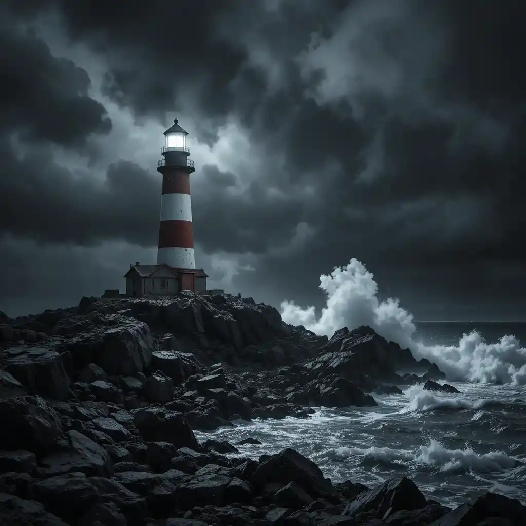 Phare dramatique sur côte rocheuse en pleine tempête, de nuit