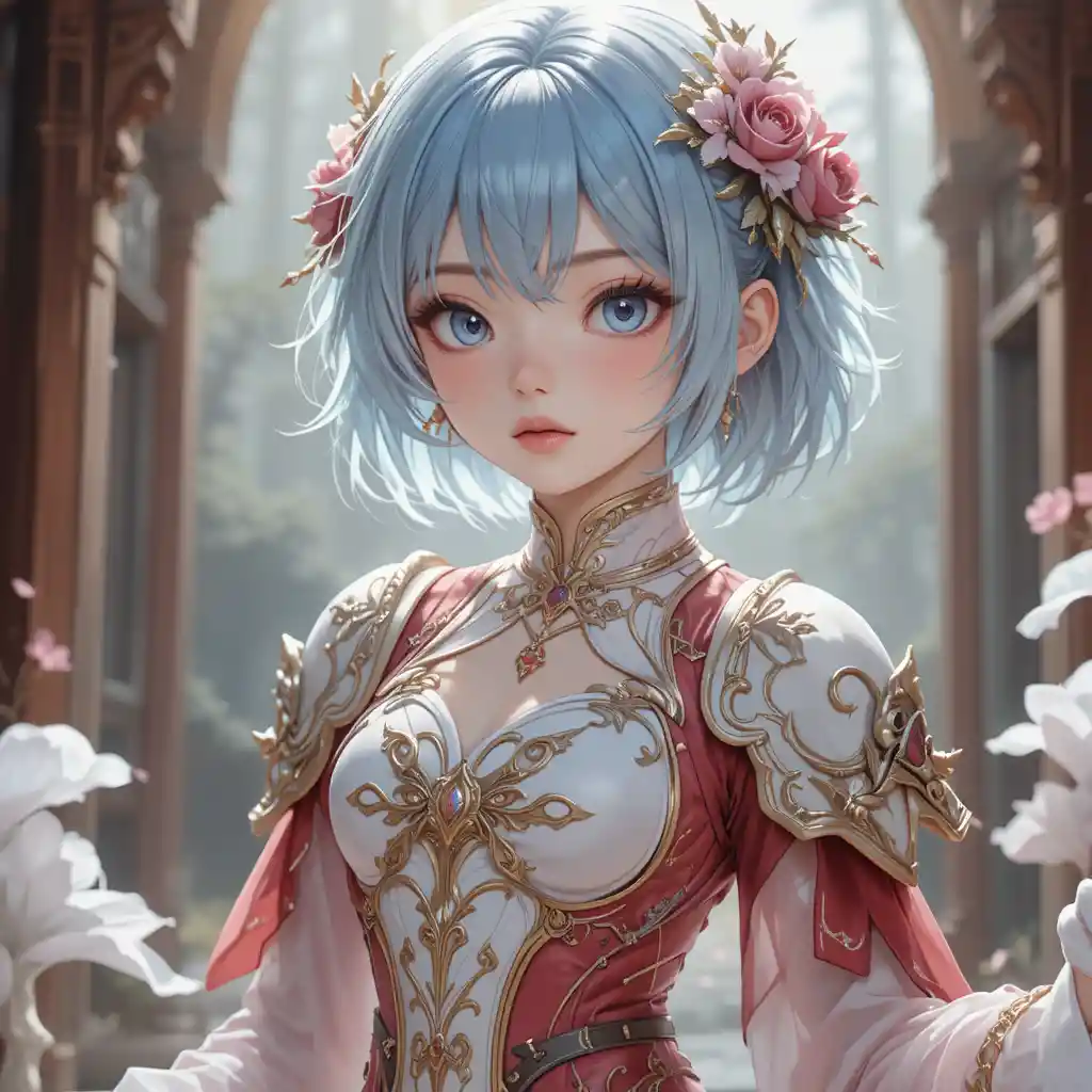 Elegant anime girl in ornate floral fantasy armor