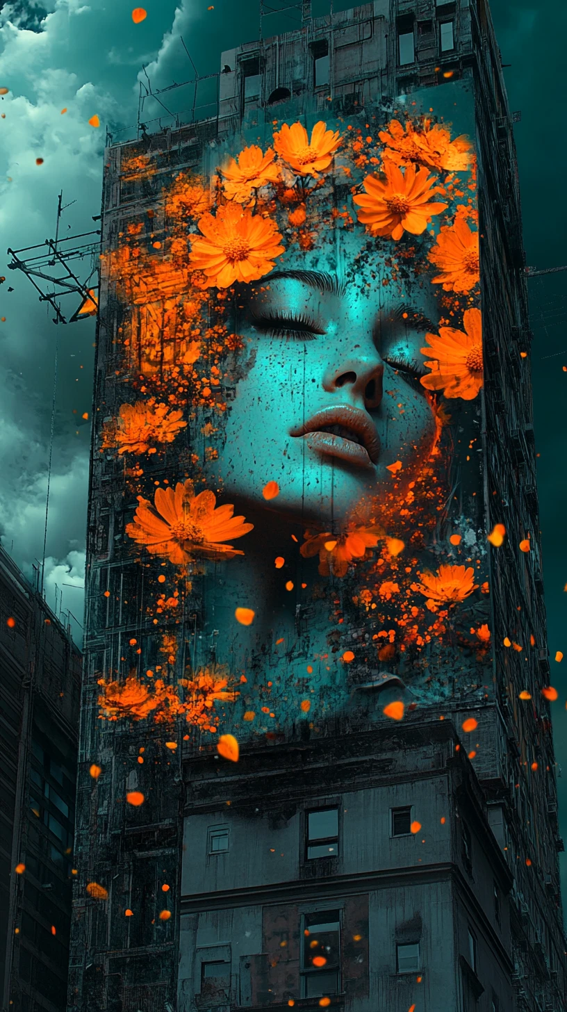 Werbetafel mit Frau, verschmolzen mit orangefarbenen Blumen in dystopischer Stadt