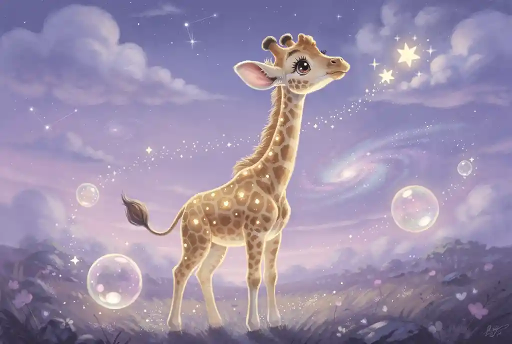 Whimsical baby giraffe reaching for stars in pastel night sky