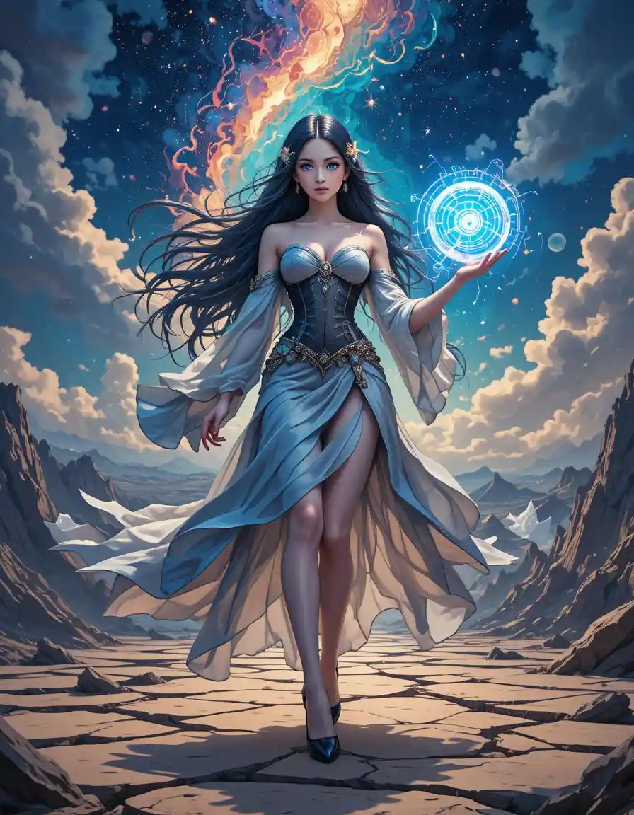 Anime girl holding glowing orb in cosmic fantasy scene