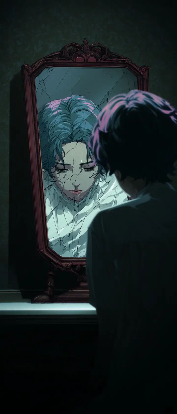 Weary man gazing into cracked mirror in dark room