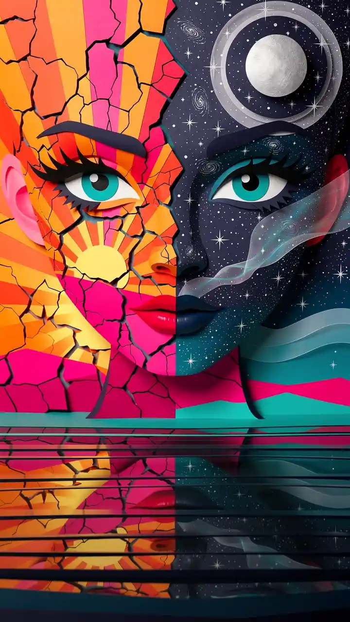 超現實女子肖像裂解成沙漠與宇宙星空