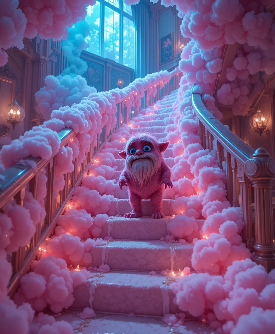 Cartoon creature on glowing cotton candy cloud stairs