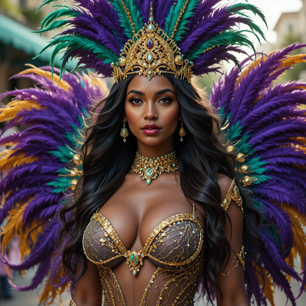 Black carnival showgirl in Mardi Gras feather costume