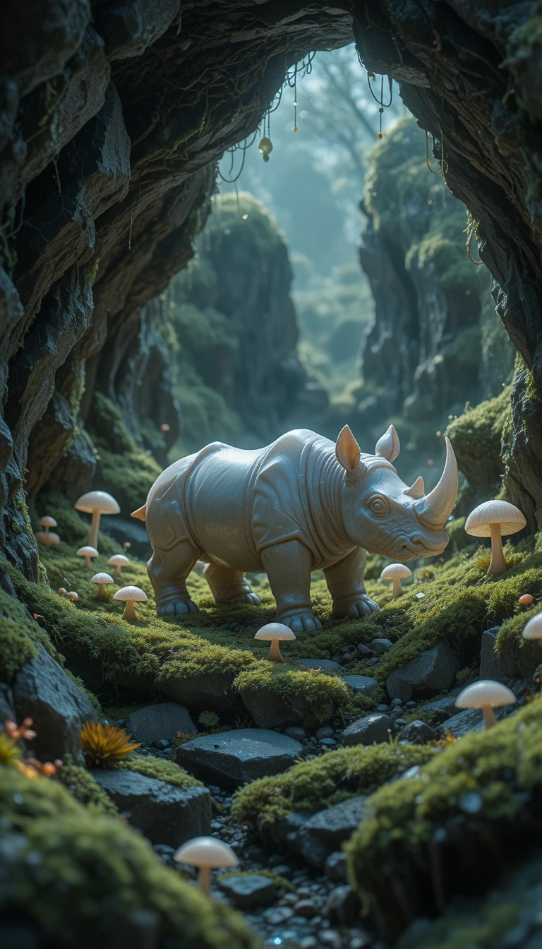 Miniature obsidian rhinoceros in a glowing moss cave
