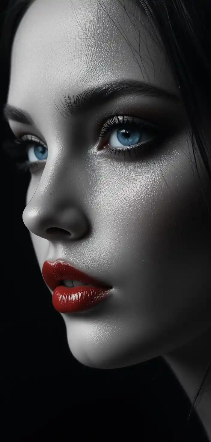 Ojos azules brillantes y labios rojos en la oscuridad total