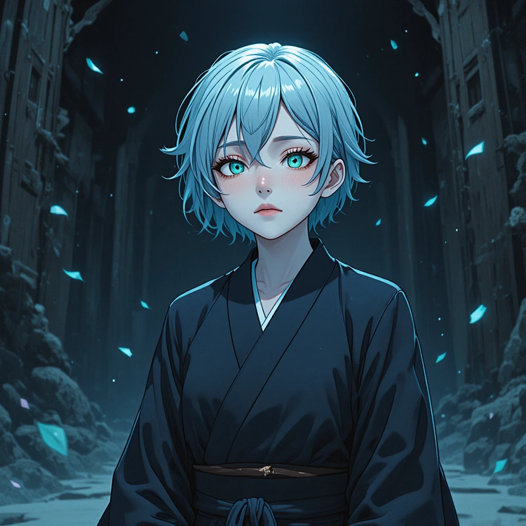 柔らかな夜の光に照らされた憂鬱なアニメ少年