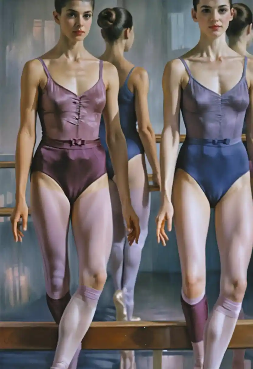 Tre giovani ballerine che si esercitano alla sbarra in studio