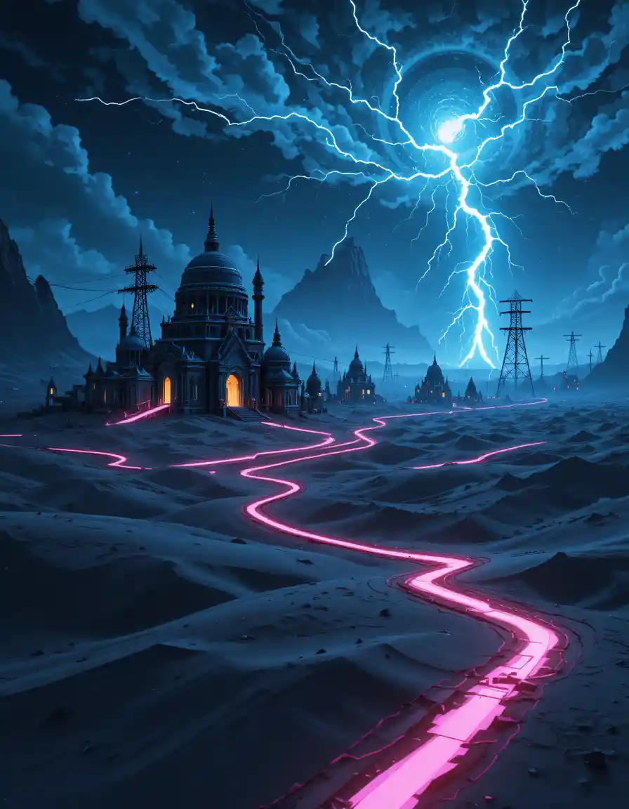 Neon-Wüstentempel unter einem stürmischen Cyberpunk-Nachthimmel