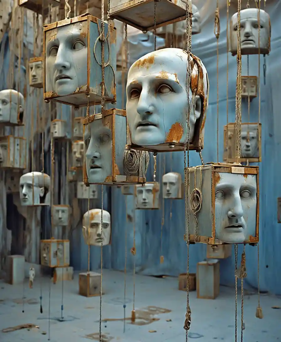 Surreal Warehouse Of Hanging Classical Marble Heads In Blue Light
