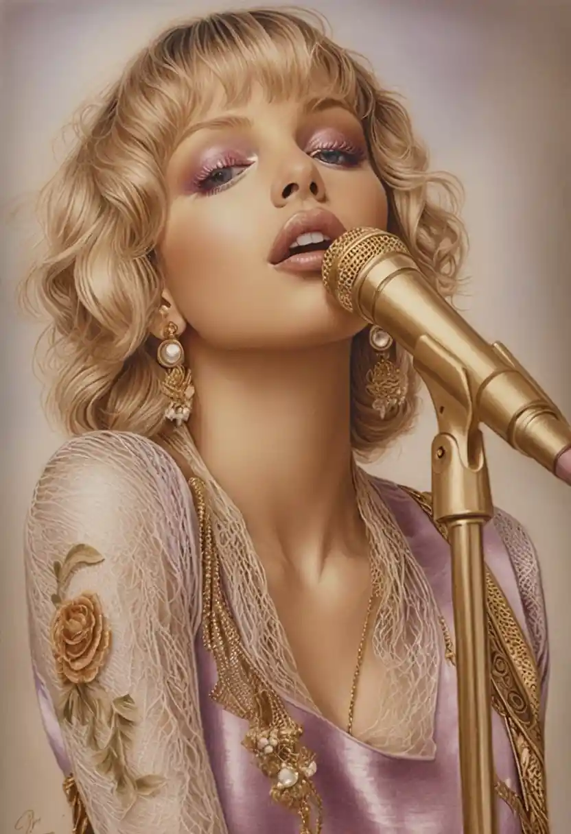 Ritratto in grafite di cantante bionda con microfono vintage
