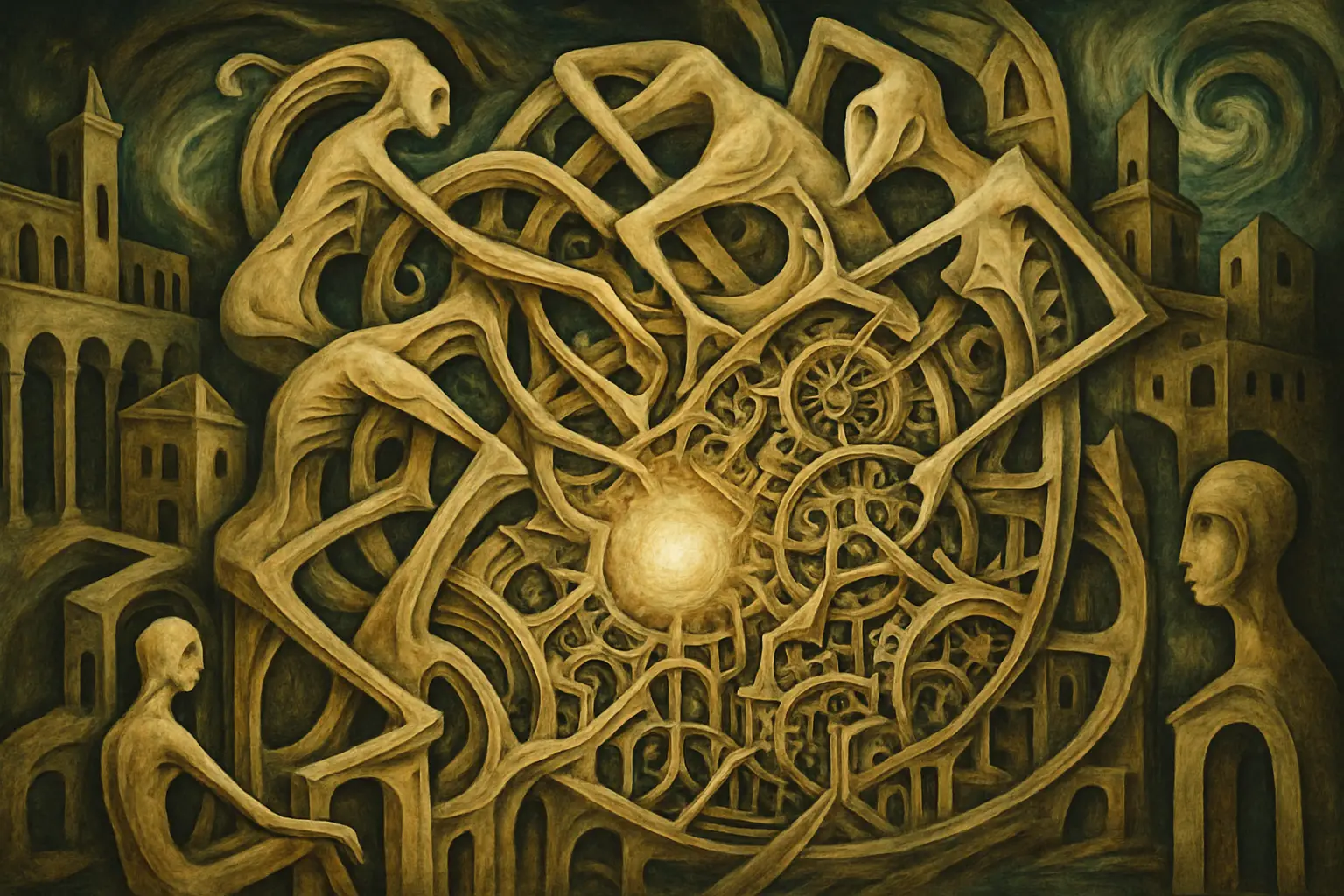 Twisting Humanoid Forms In A Surreal Renaissance Vortex