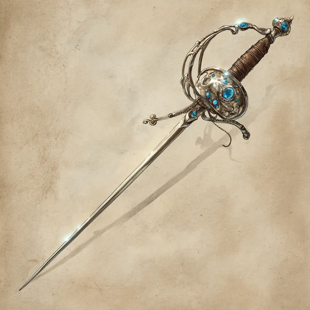 Enchanted rapier with glowing blue gems on parchment background