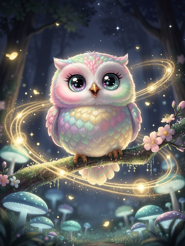 Adorable bébé chouette arc-en-ciel dans une forêt magique de nuit