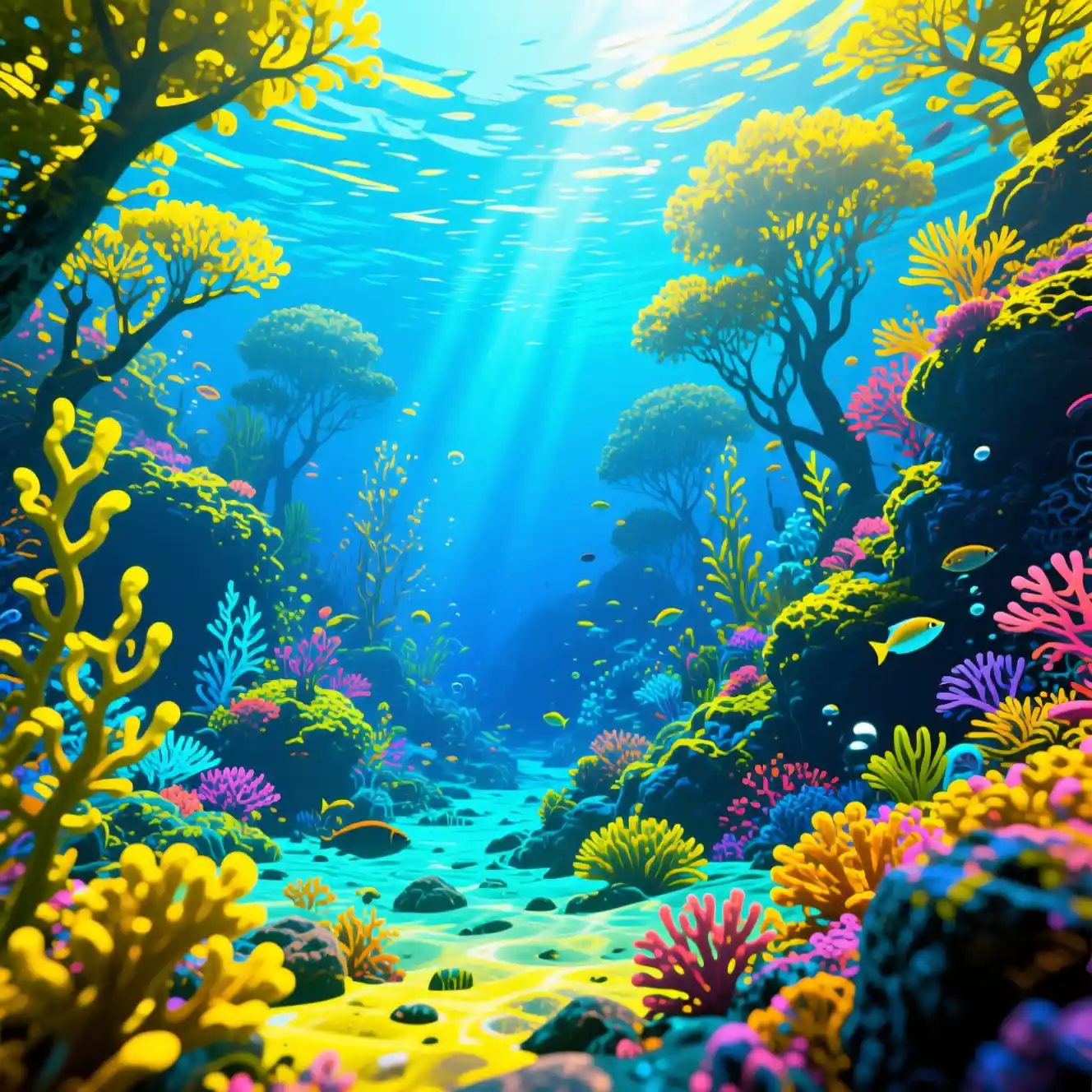 Leuchtend blaues Unterwasserriff in kinoreifer 3D-Renderingszene