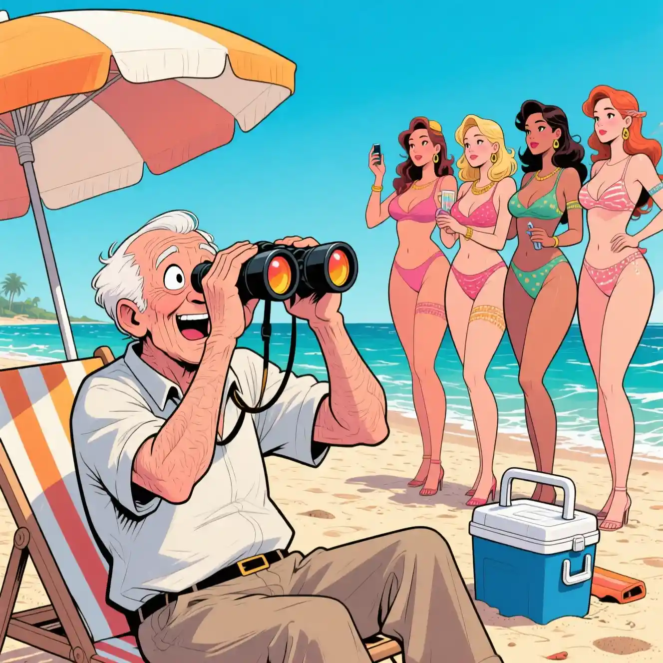 Anziano che osserva donne su una spiaggia affollata e soleggiata